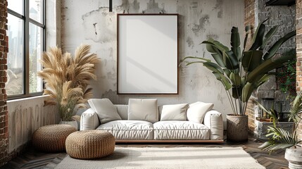 Modern Living Room Interior Design with  White Sofa and Plants