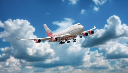 Obraz premium Airplane, flying in blue sky for vacation and travel