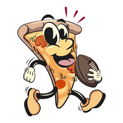 character of a slice pizza cartoon vector isolated clip art mascot illustration playing rugby and american football, work of hand drawn
