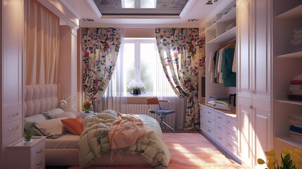 Bright bedroom with dressing room