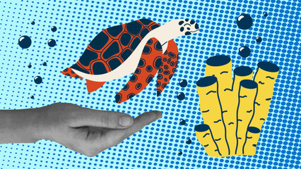 Concept of caring for sea animals. Preservation and protection of the environment. Collage with sea turtle, hand and coral