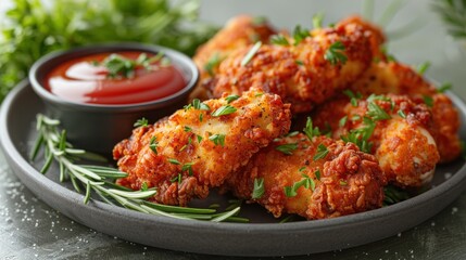 Crispy Fried Chicken Tenders with Ketchup and Rosemary