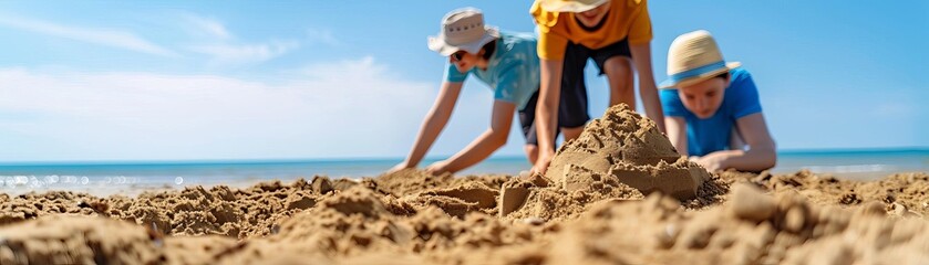 Children playing on the beach, building sandcastles and enjoying a sunny day by the ocean. Perfect summer activities.