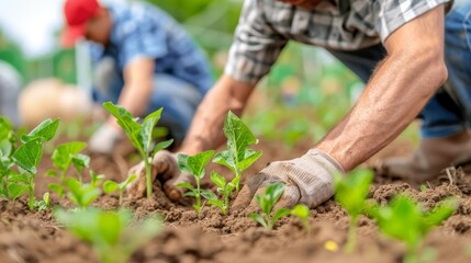 Fototapeta premium Close-up of gardeners planting seedlings in soil with gloves, showcasing teamwork, agriculture, and gardening in a sunny environment.