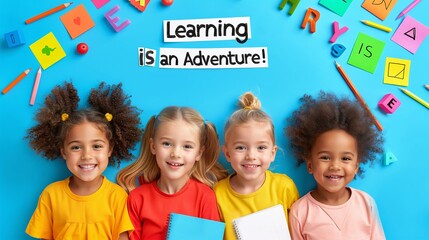 Four Happy Girls on a Playful School-Themed Frame with 'Learning is an Adventure' Text | Back to School