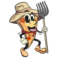character of a slice pizza cartoon vector isolated clip art mascot illustration as farmer in hat with his fork, work of hand drawn