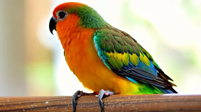 Colorful parrot with bright orange feathers and vivid blue tips perched, looking at the camera with a soft-focus background.