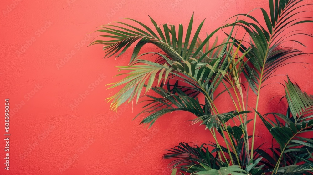 Wall mural Copy space with a red backdrop and tropical palm