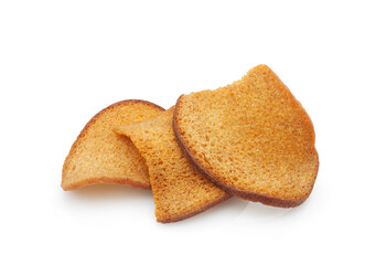 Rye-wheat bread croutons isolated on white background. Salted crunchy snack close-up. 