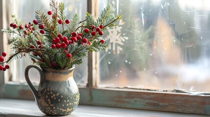 Fototapeta premium Christmas bouquet with branches of spruce cranberries in a ceramic vase on the windowsill