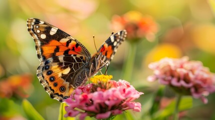 Obraz premium A Painted Lady Butterfly Gathering Nectar From a Pink Flower in a Garden on a Sunny Day
