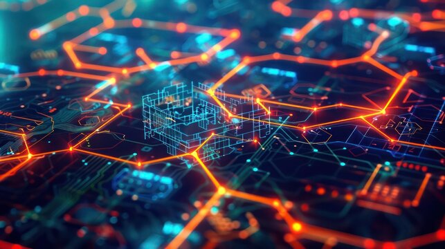 image of an encrypted financial ecosystem, with secure data streams flowing between shielded nodes in a network