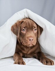 Brown Labrador Puppy in White Sheets