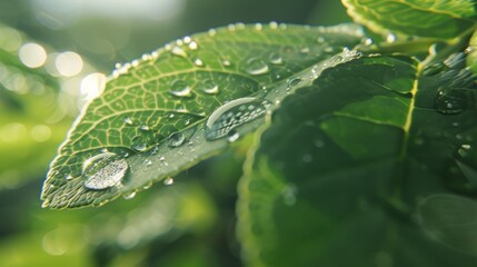 Dewdrops glisten on green leaves in early morning light, showcasing nature's beauty and freshness