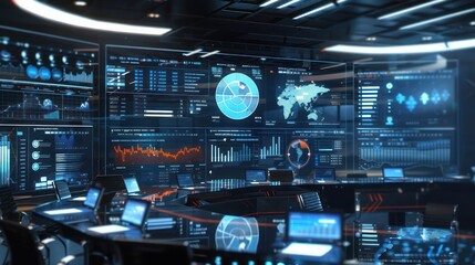 Fototapeta premium series of virtual reality screens displaying different aspects of a financial strategy session in a futuristic boardroom