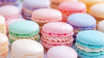 Obraz premium Colorful assortment of French macarons in various pastel shades, perfect for dessert and bakery concepts, showcasing sweets and confectionery delight.