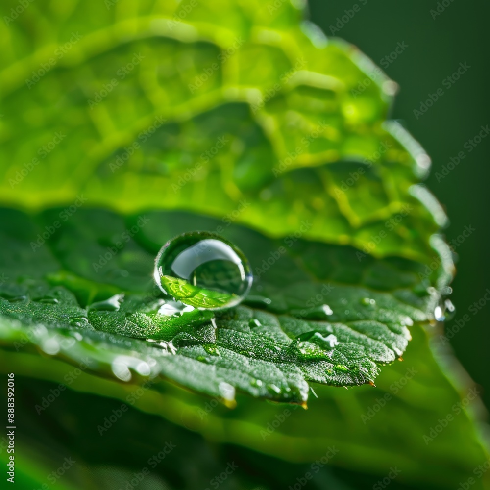 Poster macro shot of a drop of water on a leaf.