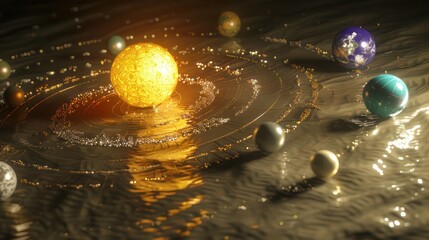 financial solar system model where each planet represents a different economic sector orbiting around a golden sun of wealth