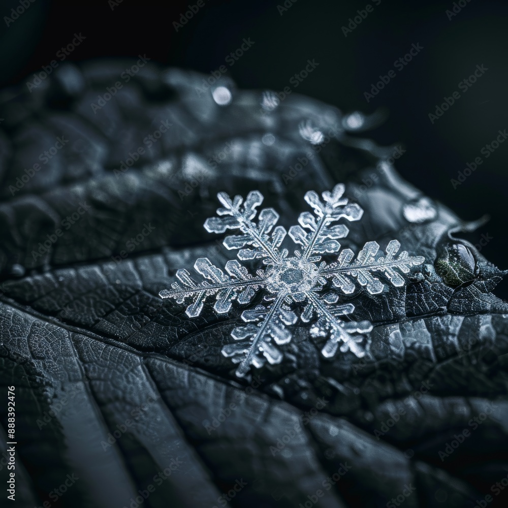 Poster macro shot of a snowflake on a leaf.