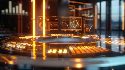 virtual financial roundtable, with glowing holographic data and graphs hovering above a sleek, modern table