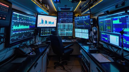 Fototapeta premium virtual financial storm chaser van equipped with tools and screens monitoring economic turbulence and forecasting tools
