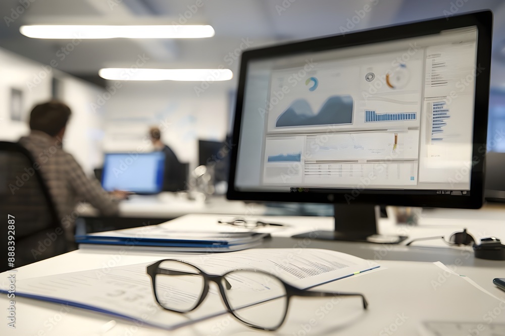 Poster a computer screen showing graphs and data, with office workers in the background moving around. the 