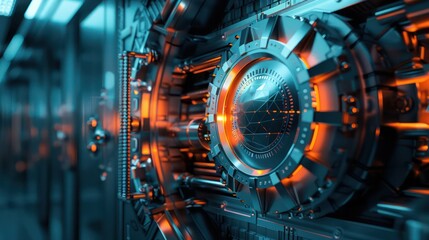 conceptual image of a digital treasury vault, safeguarding digital assets with advanced encryption and security protocols