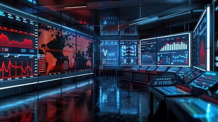 financial analysis war room with screens showing different economic scenarios in a global crisis management center