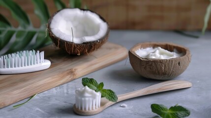 Coconut oil and mint homemade toothpaste eco friendly bamboo toothbrush, natural healthcare 4k