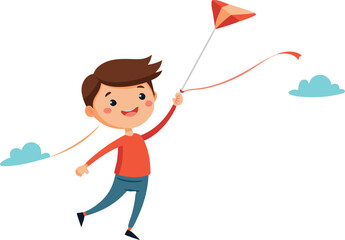 Boy flying a kite on a windy day with blue sky