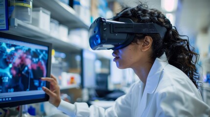 A scientist uses a virtual reality headset to explore a virtual world at a laboratory.