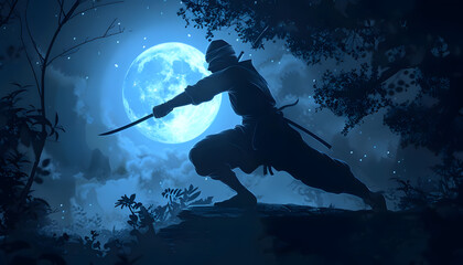 Icon of a stealthy ninja poised to strike under moonlight ar7 4 Generative AI