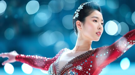 Graceful Asian Woman in Her Early 20s Figure Skating in Breathtaking Moment Wearing Red