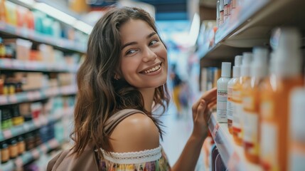 A smiling young woman checks the ingredients on a skin care product at the store.