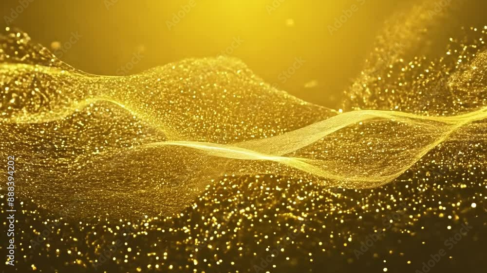 Poster a shimmering gold wave background with sparkling particles.