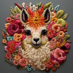 Colorful and intricate llama portrait made of embroidery with floral headdress