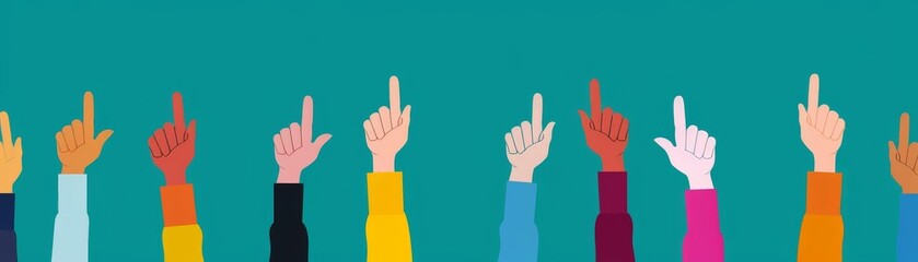 Fototapeta premium Diverse group of hands raising in unison against a teal background, symbolizing unity, voting, support, and community engagement.