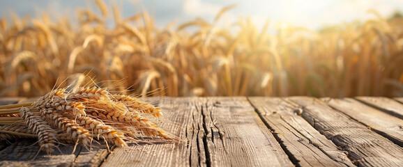 Golden wheat field behind wooden table