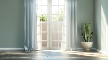 Curtain window light room with open balcony doors cactus in pot standing on the floor