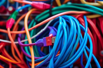 Close-up of colorful network cables and connectors, tangled electronics, technology shades concept