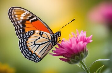 Naklejka premium A macro shot of a butterfly perched on a flower, with intricate details of its wings and the delicate petals in focus