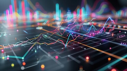 series of abstract, colorful, interconnected lines and graphs depicting financial analysis over a sleek black surface