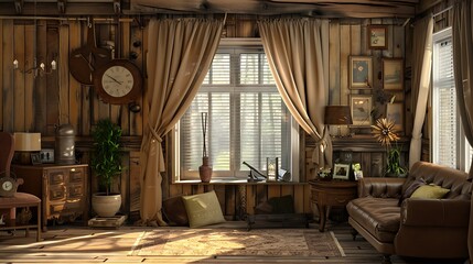 Curtain window living room with wooden decoration