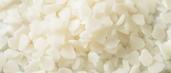 Close-up of white rice grains, showcasing their texture and purity, creating a soft, serene look.