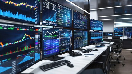 sleek modern office filled with high-tech screens displaying stock market trends and financial data