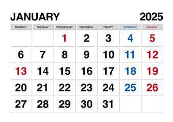 2025年1月のカレンダー日曜始まり日本の祝日表記有り
