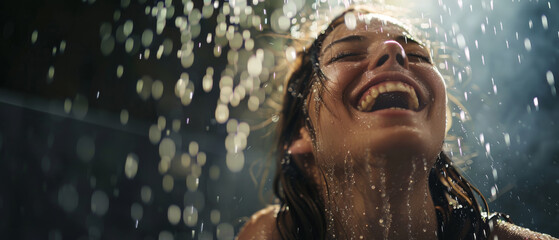 Fototapeta premium A close-up of an ecstatic woman laughing and thoroughly enjoying a rain shower, with water droplets sparkling around her, capturing a moment of pure joy.