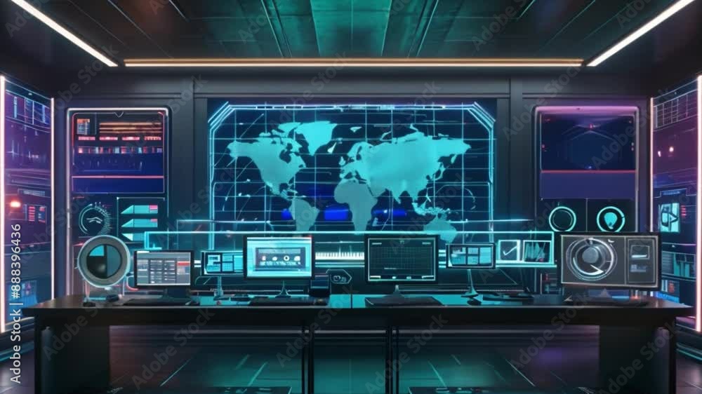 Poster a futuristic control room with a large display showcasing a world map and several other screens disp