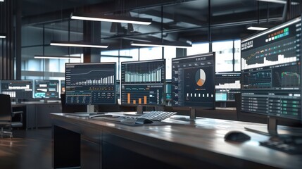 Detailed visualization of a dynamic financial reporting system, with screens displaying real-time data and analytics in a modern office