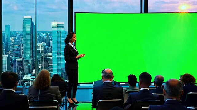 Tracking a businesswoman giving a presentation to an audience in front of a huge chroma green screen mounted up on windows with a view out to the city during the day. 